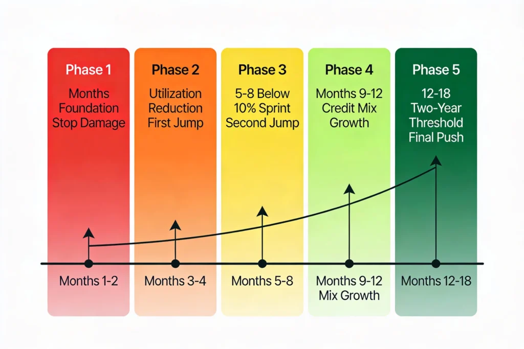 Roadmap infographic showing five phases to improve credit score 200 points over 18 months: foundation, utilization reduction, 10% sprint, credit mix building, and two-year threshold