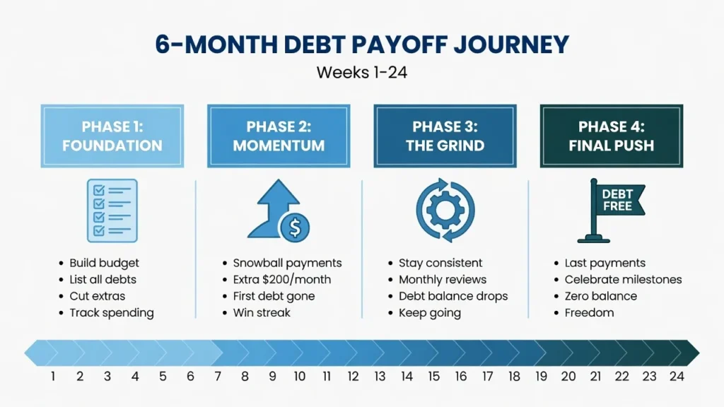 Visual timeline showing four phases of 6-month debt payoff plan from foundation weeks through momentum grind and final push