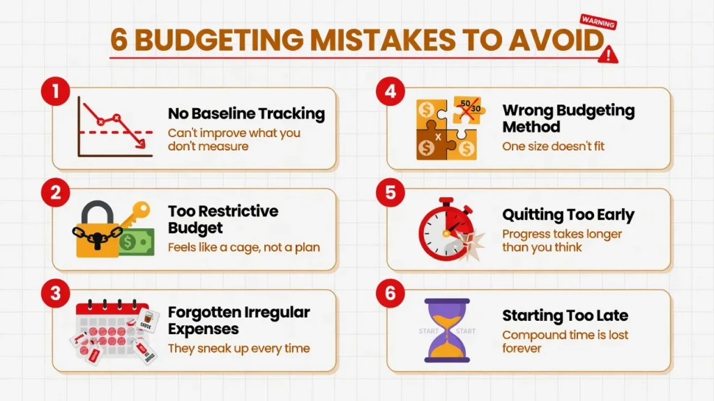 Infographic listing six common reasons budgets fail including no spending baseline, overly restrictive plans, forgotten irregular expenses, and quitting too early