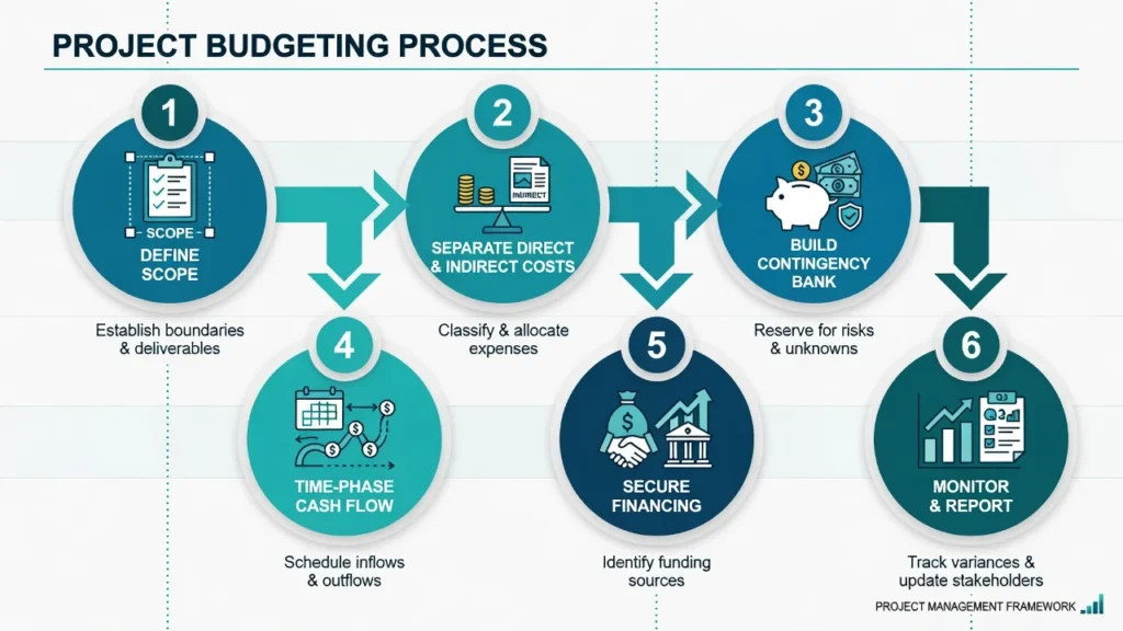 Process flowchart showing six critical steps for project budgeting: Define Scope, Separate Direct and Indirect Costs, Build Contingency, Time-Phase Cash Flow, Secure Financing, and Monitor and Report