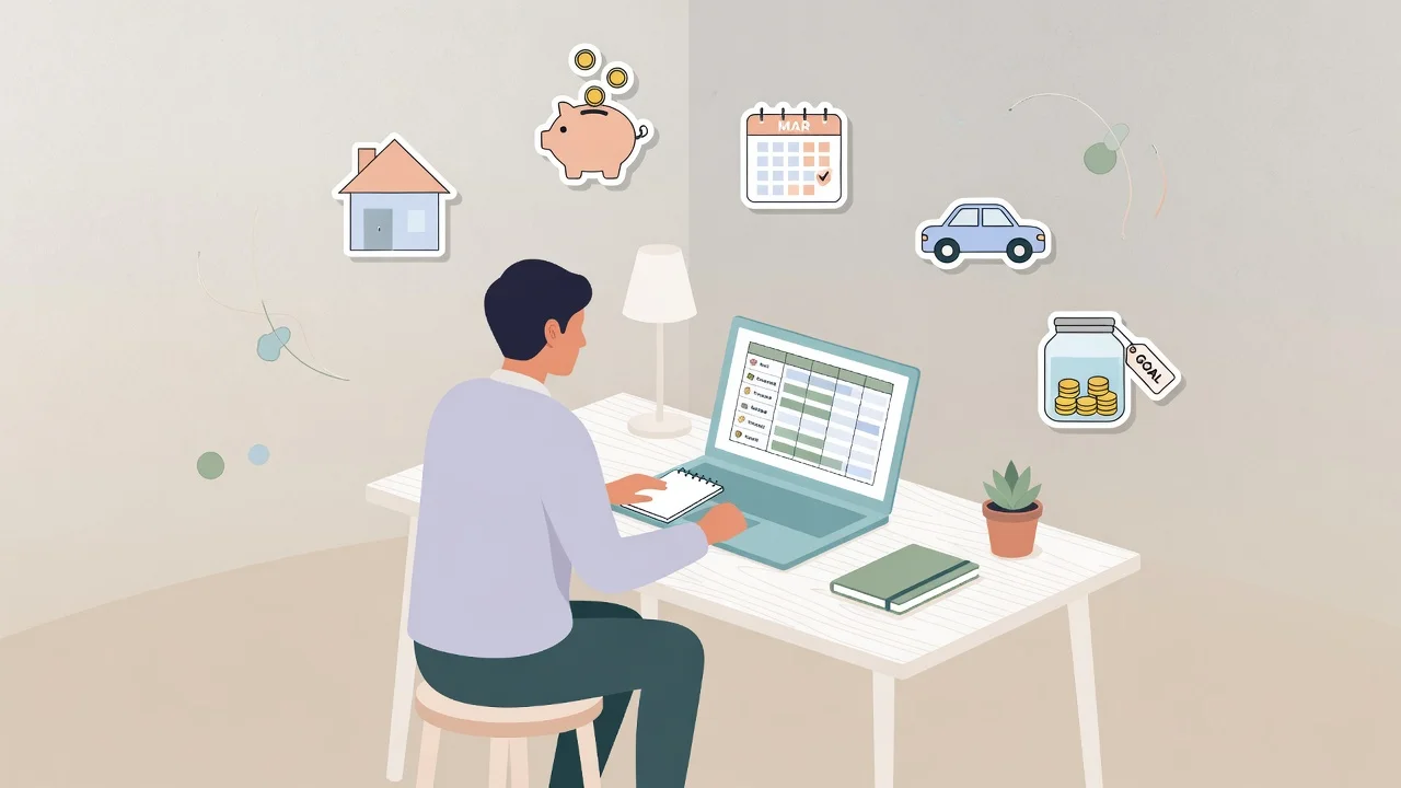 Person reviewing a personal budget plan on a laptop surrounded by icons representing budgeting categories like savings, housing, and transportation
