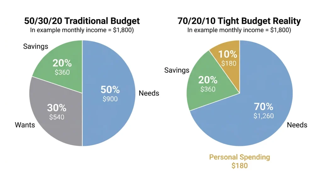 Comparison chart showing traditional 50/30/20 budget rule versus realistic 70/20/10 budget framework for people on tight budgets