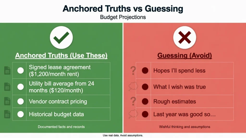 Comparison showing concrete anchored truths for budget projections like lease agreements and utility averages versus unreliable guessing based on hopes and wishes