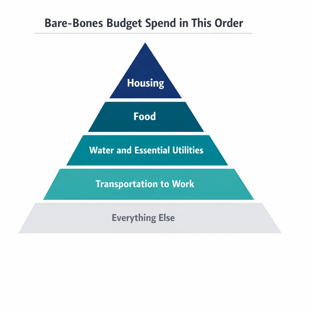 Budget priority pyramid showing spending order when you have no money: housing first, food second, utilities third, transportation fourth, everything else last
