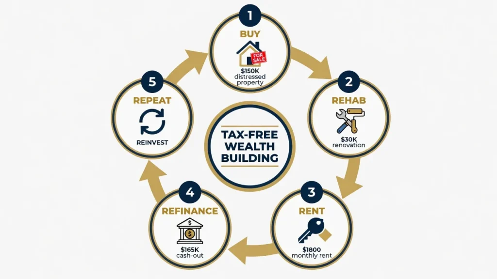 Flowchart showing BRRRR strategy cycle: Buy distressed property, Rehab, Rent, Refinance cash-out, Repeat with tax-free cash