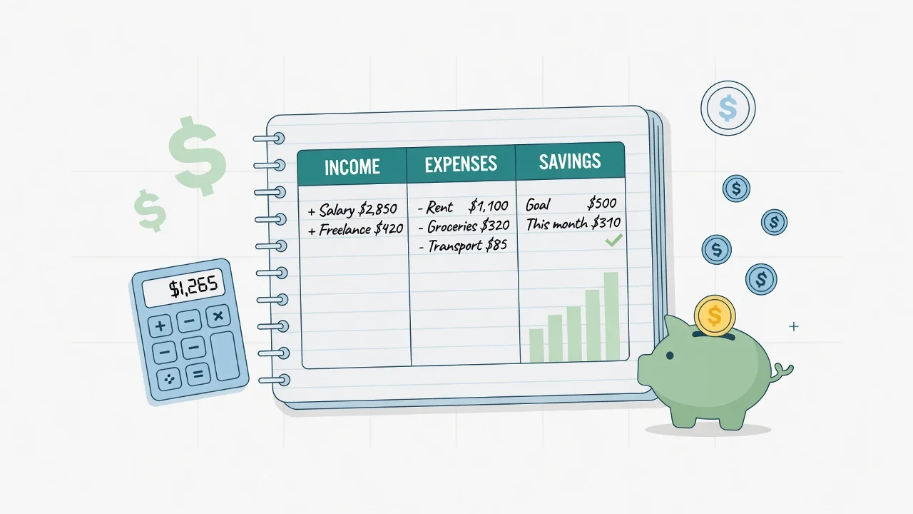 Illustration of budget planning notebook with income, expenses, and savings columns alongside calculator and piggy bank icons