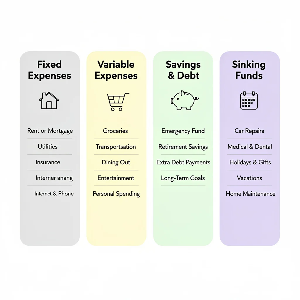 Comparison chart showing four budget category types: fixed expenses, variable expenses, savings and debt, and sinking funds with examples