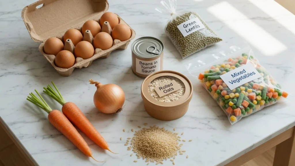 Flat lay of affordable healthy whole foods including eggs, lentils,
oats, brown rice, canned beans, and frozen vegetables for budget
grocery shopping