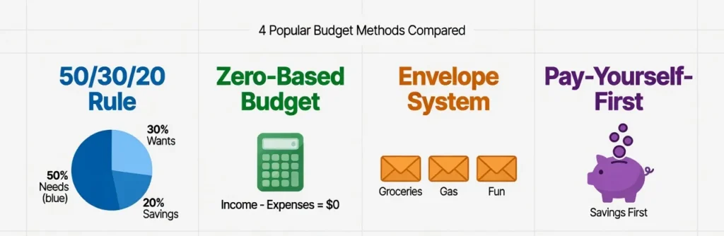 Comparison chart showing four budget methods for young adults: 50/30/20 rule for beginners, zero-based budgeting for detail-oriented people, envelope system for overspenders, and pay-yourself-first for natural savers