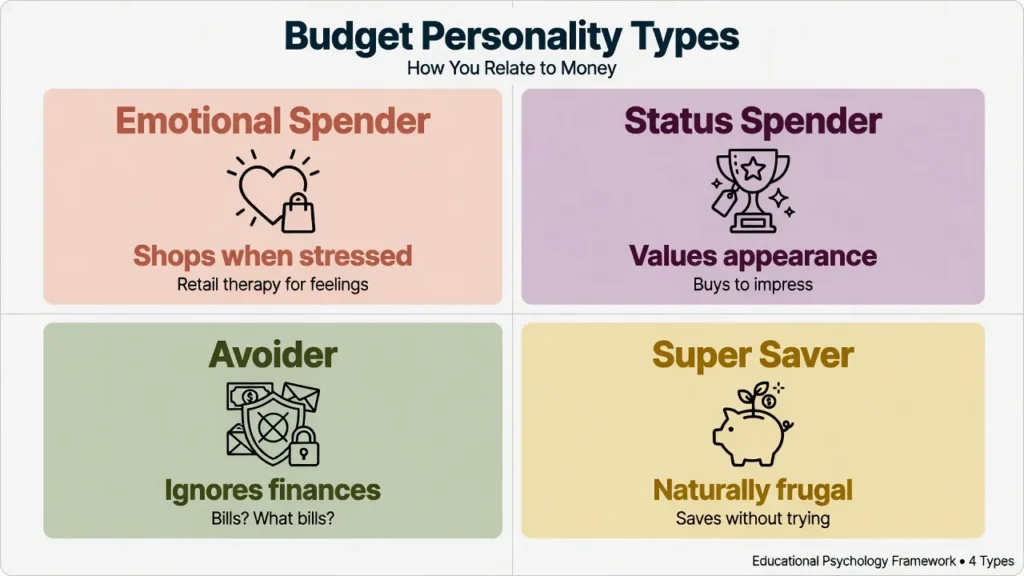 Diagram showing four budget personality types: emotional spender, status spender, avoider, and super saver with identifying characteristics
