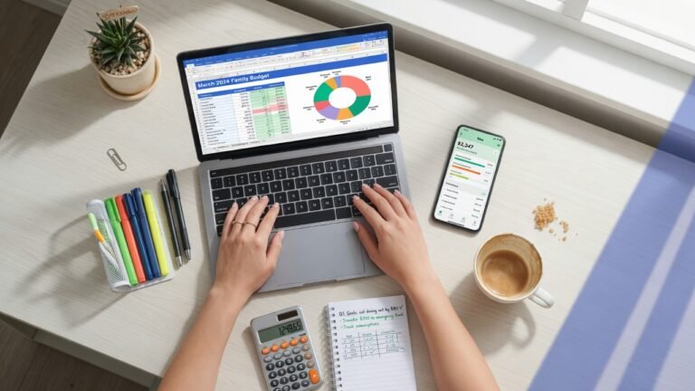 Overhead view of organized workspace with laptop showing budget spreadsheet, calculator, notepad, coffee, and plant on clean desk for young adult financial planning