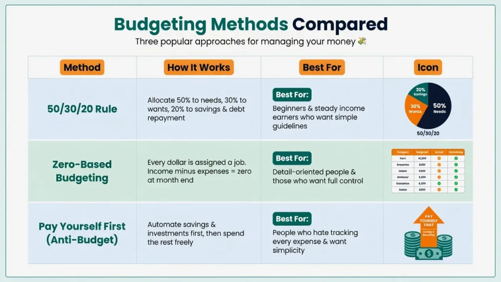 Comparison chart of three budgeting methods: the 50/30/20 rule, zero-based budgeting, and the anti-budget pay yourself first approach