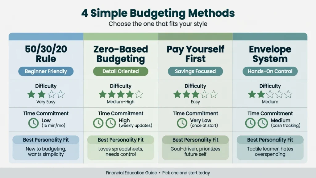 Comparison chart of four budgeting methods showing 50/30/20 rule, zero-based budgeting, pay yourself first, and envelope system with difficulty levels