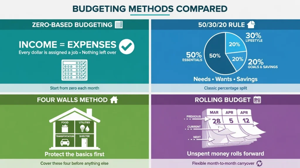 Comparison of four budgeting methods: Zero-Based Budgeting where income equals expenses, 50/30/20 Rule allocating percentages, Four Walls prioritizing essentials, and Rolling Budget maintaining 12-month forecast