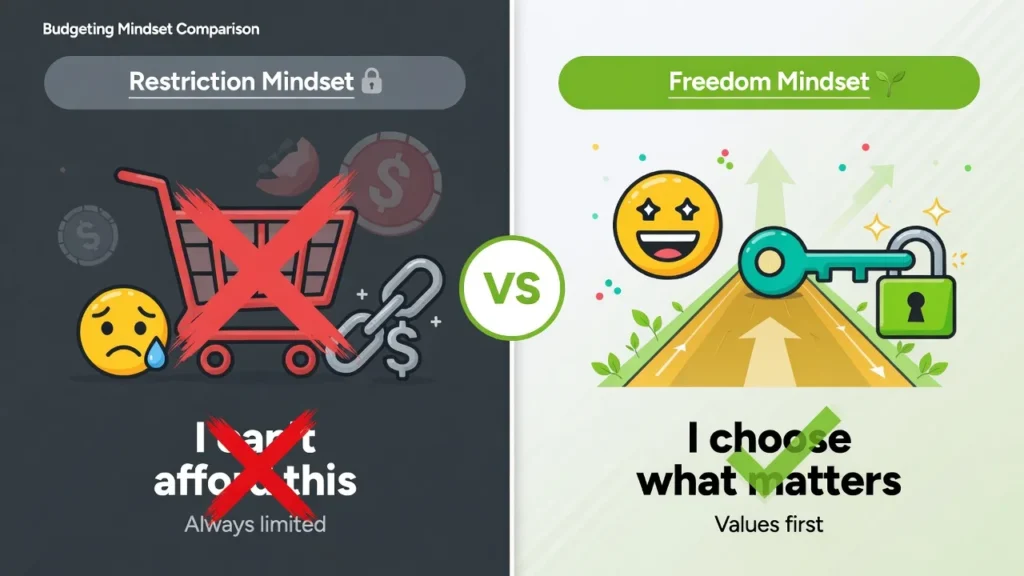 Illustration comparing restrictive budgeting mindset saying "I can't afford this" versus freedom mindset saying "I choose what matters most"