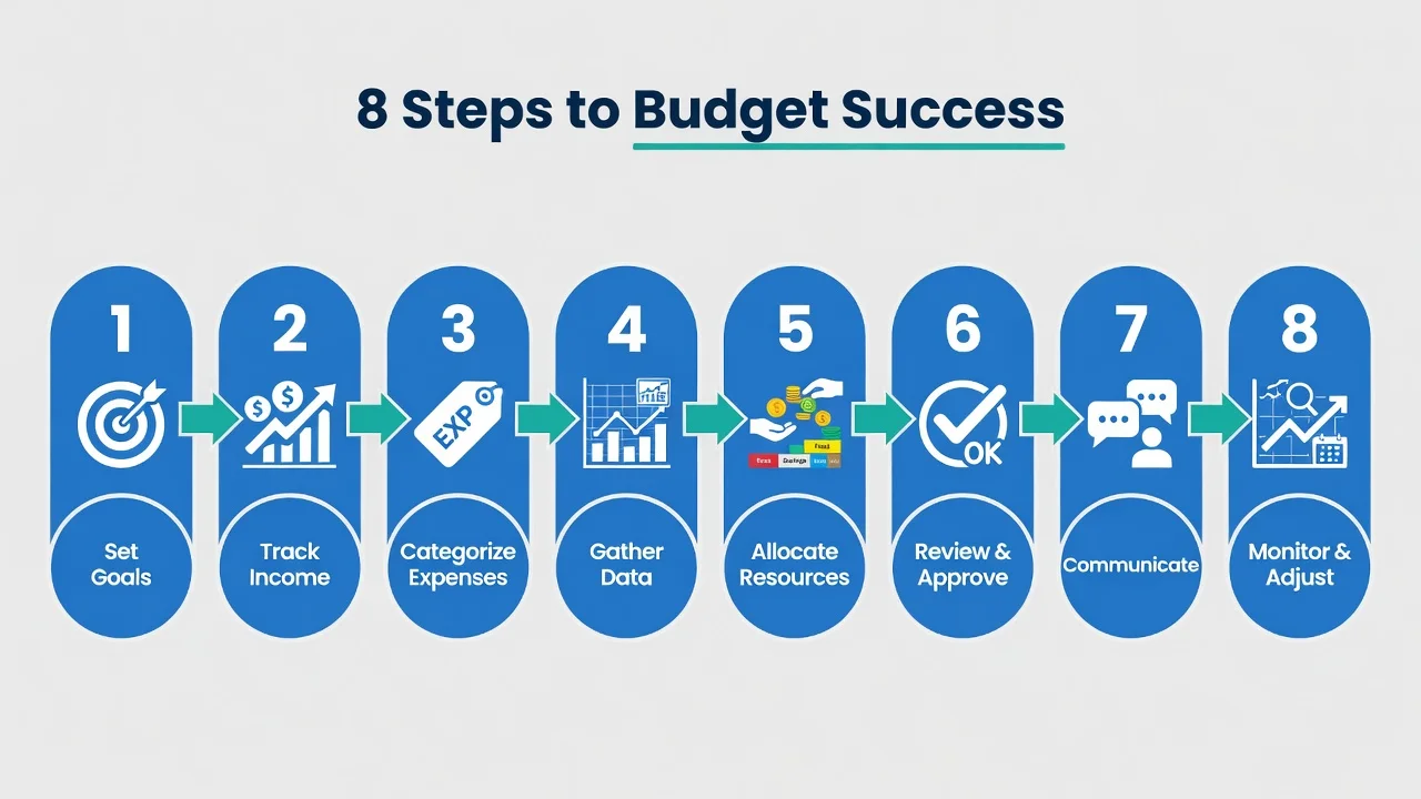 Infographic showing 8 step budgeting process flowchart from goal setting through monitoring and adjustment