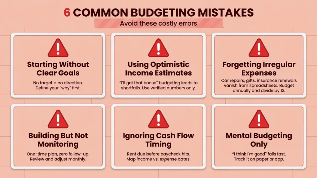 Infographic showing six common budgeting mistakes: starting without clear goals, using optimistic income estimates, forgetting irregular expenses, building but not monitoring, ignoring cash flow timing, and relying on mental budgeting only