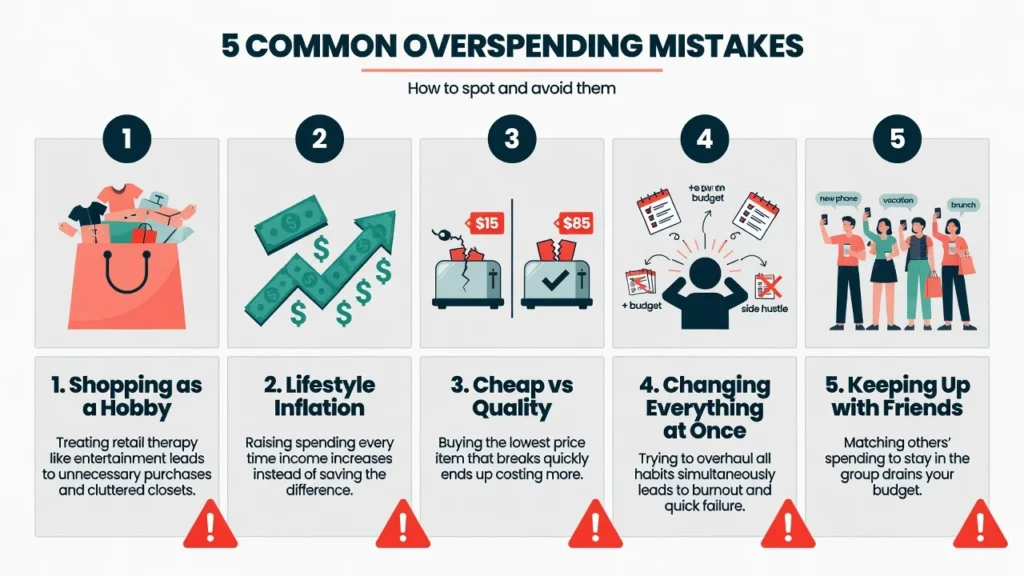 Infographic showing five common overspending mistakes including lifestyle inflation, shopping as hobby, and keeping up with friends