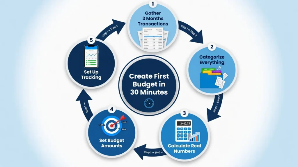 Circular diagram showing 5 steps to create first budget: gather transactions, categorize expenses, calculate numbers, set amounts, and set up tracking system