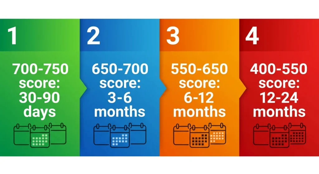 Infographic showing credit score improvement timelines: 700-750 takes 30-90 days, 650-700 takes 3-6 months, 550-650 takes 6-12 months, 400-550 takes 12-24 months