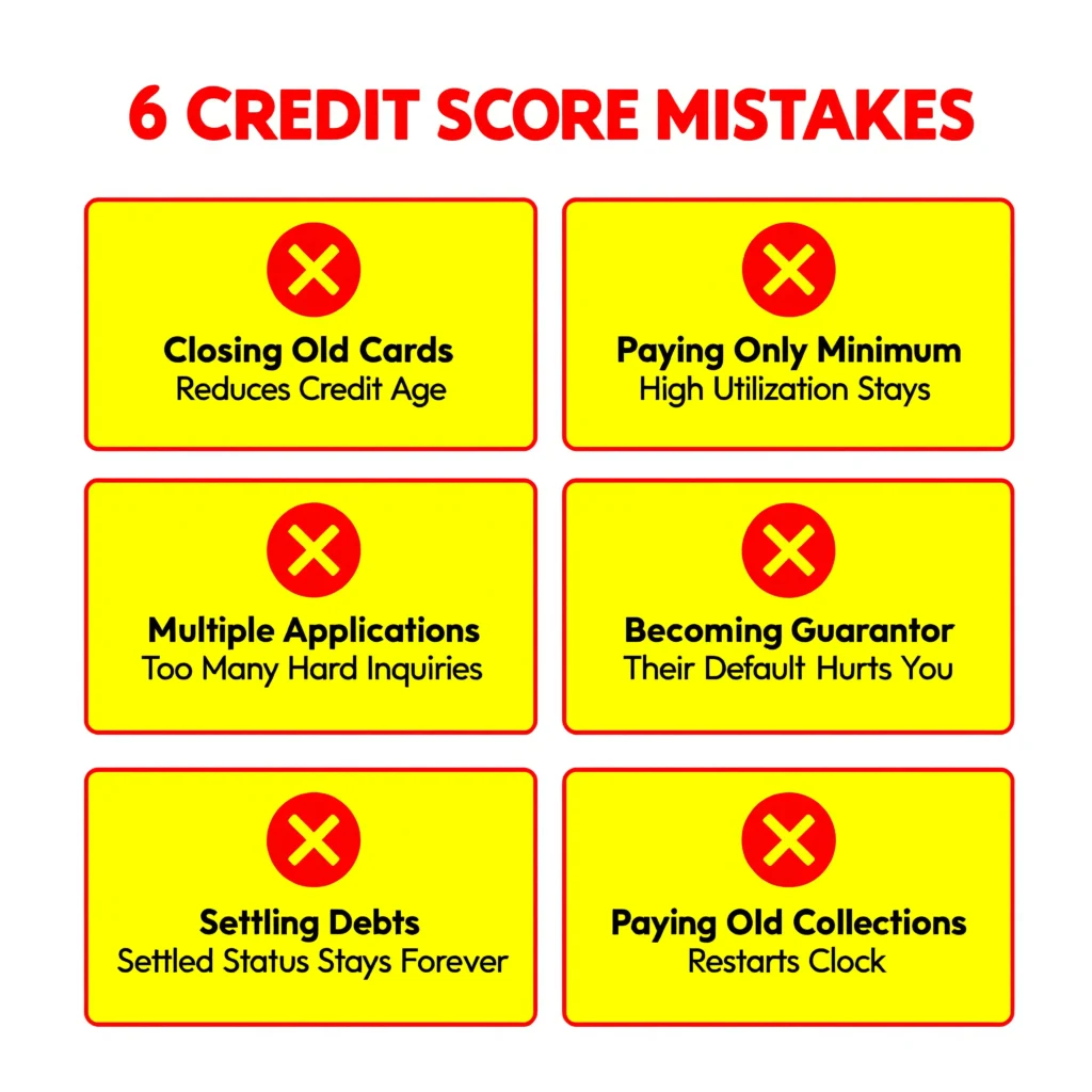 Infographic showing six common credit score mistakes: closing old cards, paying only minimum, multiple applications, becoming guarantor, settling debts wrong, paying old collections
