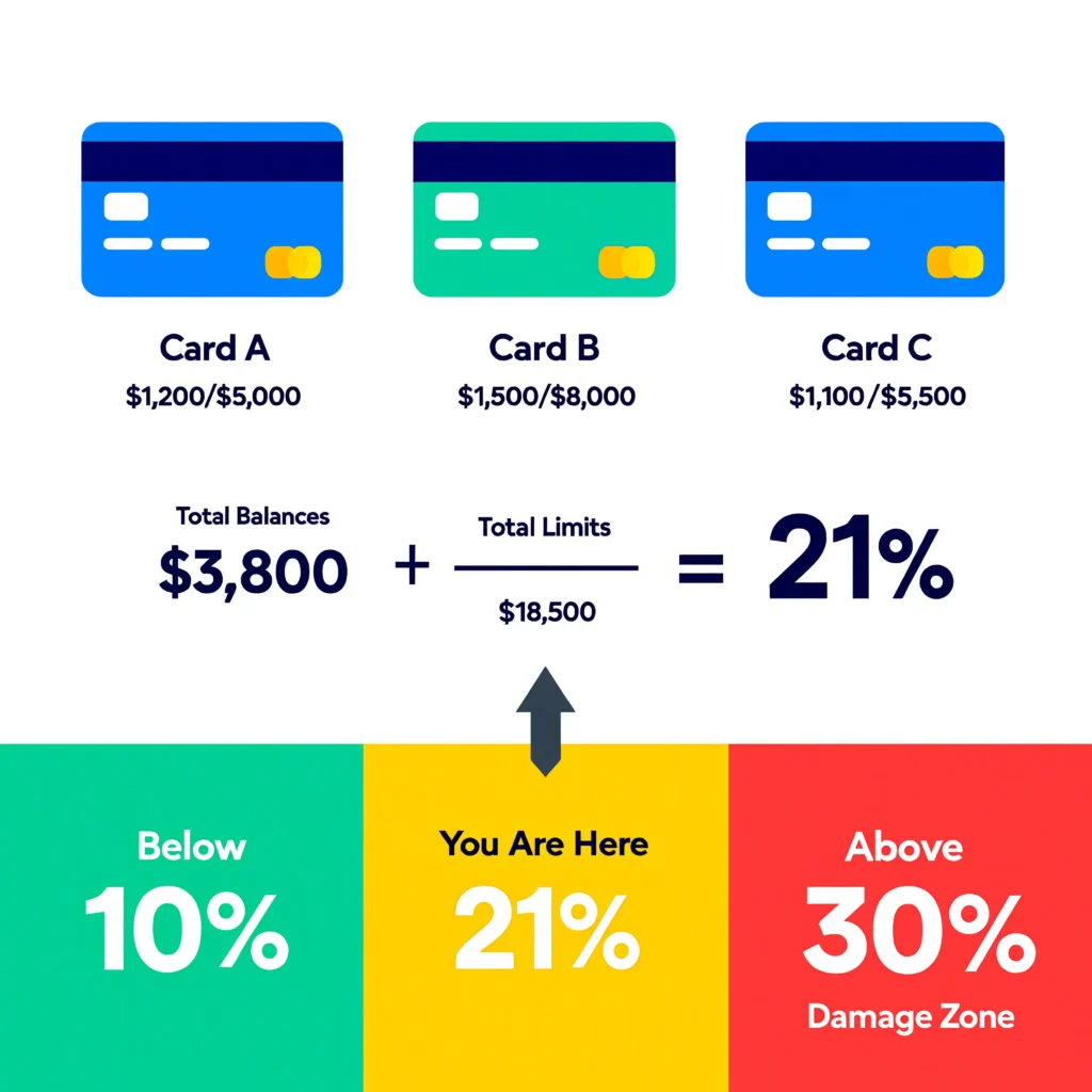 Credit utilization calculation example showing total balances $3,800 divided by total limits $18,500 equals 21% utilization across three credit cards