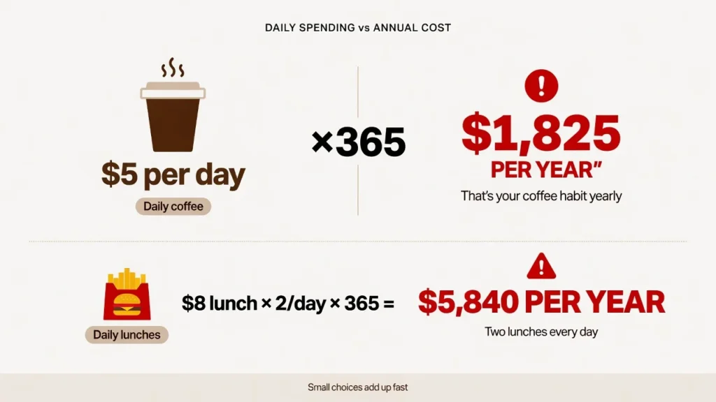 Infographic showing how $5 daily coffee spending totals $1,825 per year and $8 daily fast food costs $5,840 annually