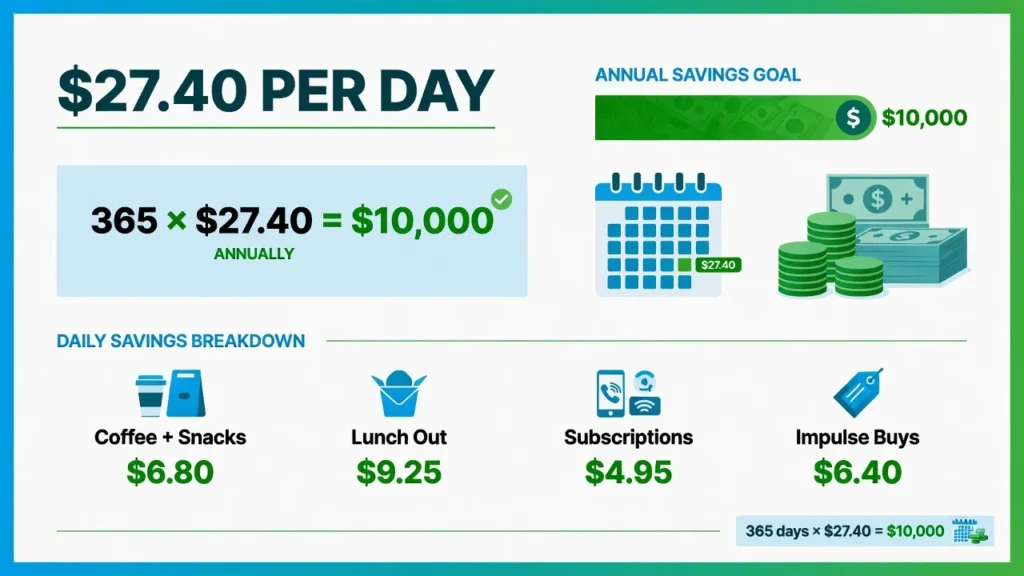 Infographic showing how saving $27.40 per day equals $10,000 saved annually for low income budgets