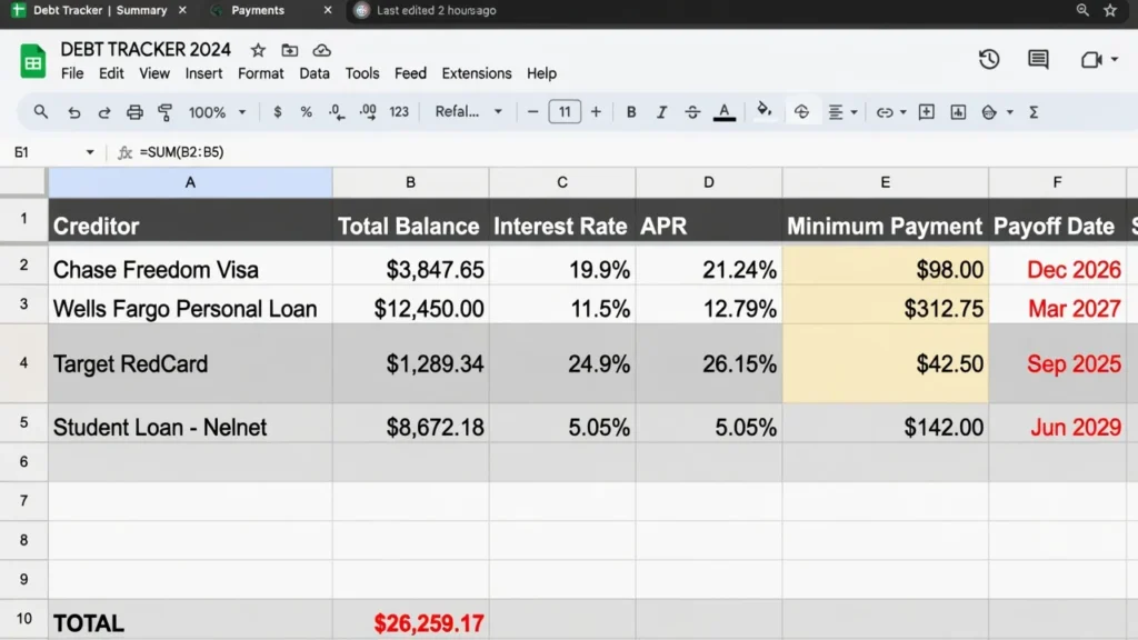 Debt tracking spreadsheet template showing columns for creditor name, balance, interest rate, minimum payment, and payoff timeline