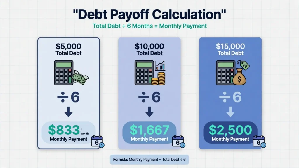Infographic showing how to calculate required monthly debt payments by dividing total debt by six months for three example amounts