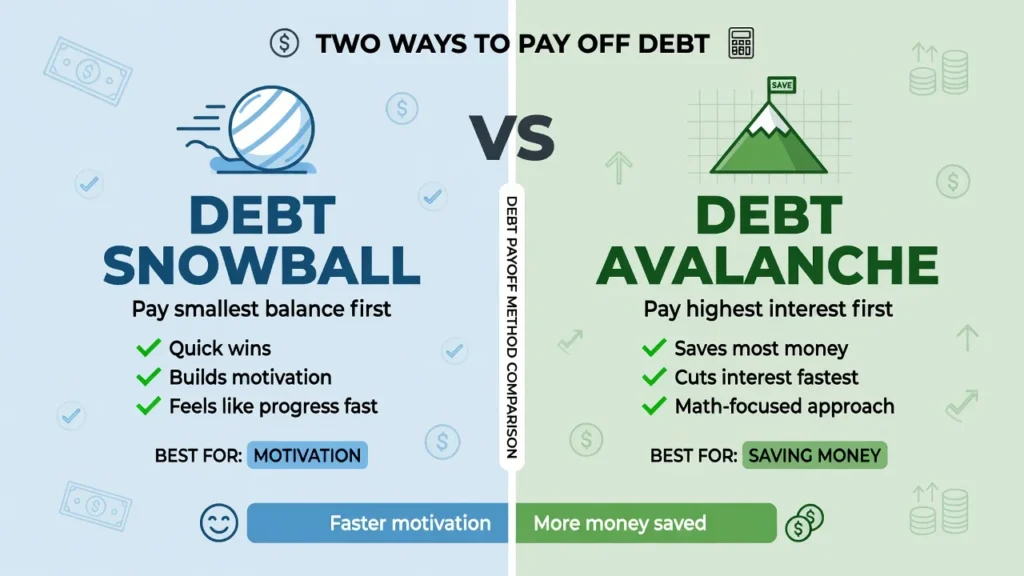 Side-by-side comparison of debt snowball method paying smallest balance first versus debt avalanche method paying highest interest first