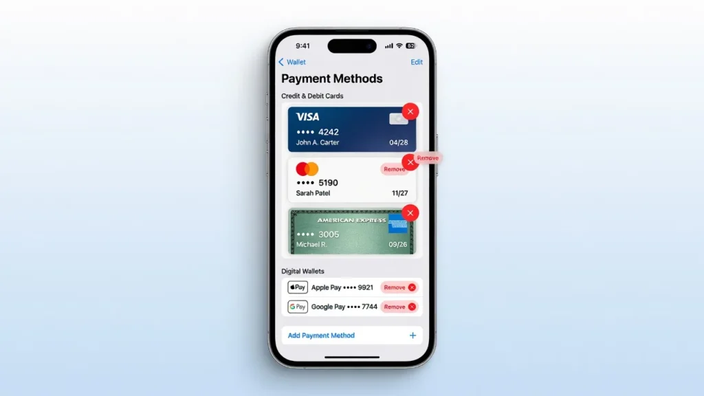 Smartphone screen showing saved payment methods and credit cards being deleted from Apple Pay and shopping apps