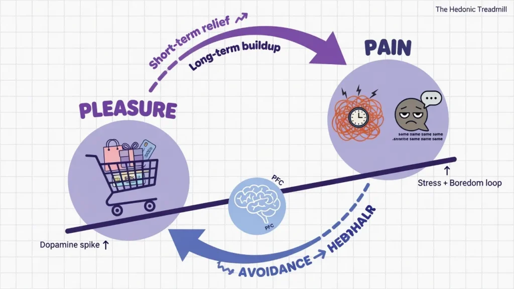 Diagram showing how brain's dopamine system creates pain-pleasure seesaw that drives overspending cycle and impulse buying