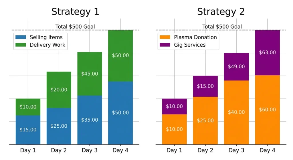 Chart comparing two 4-day strategies to earn 500 dollars by combining selling items, gig work, plasma donation and services