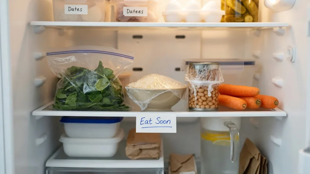 Open refrigerator with a labeled Eat Soon shelf holding spinach,
leftover rice, and carrots to prevent grocery food waste