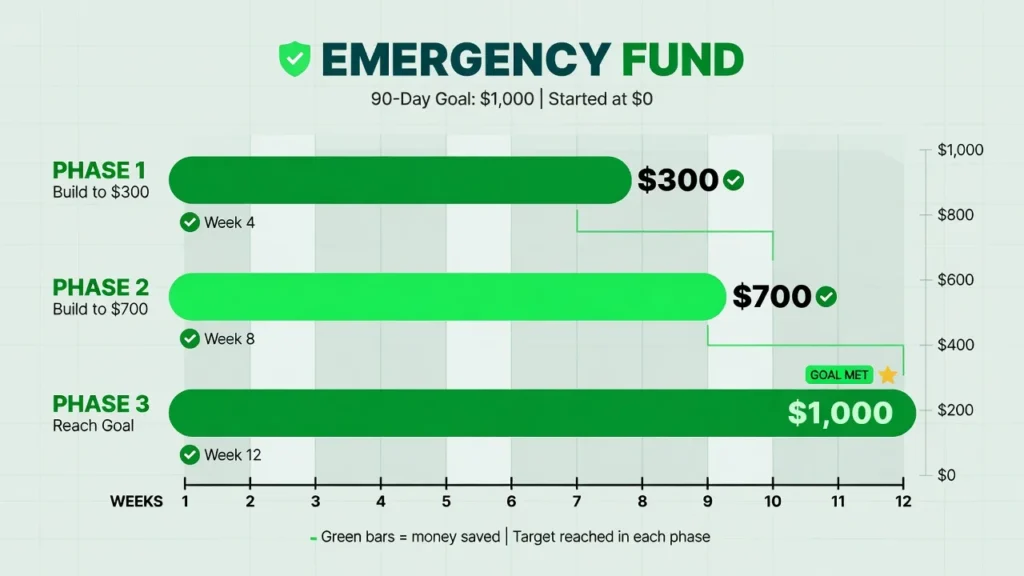 Chart showing how to build $1000 emergency fund in 90 days with weekly savings goals and milestones