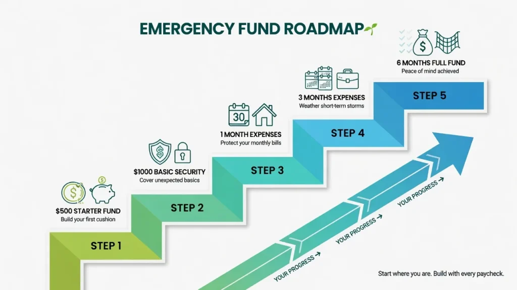 Step-by-step emergency fund building guide showing progression from $500 starter fund to full six months of expenses saved