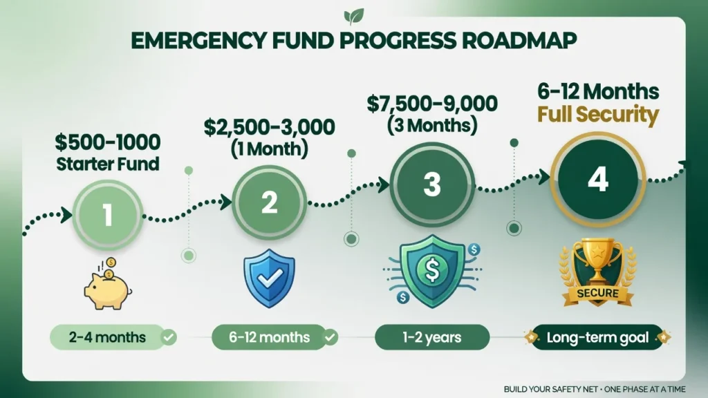 Infographic showing 4 phases of building emergency fund for young adults from $500 starter fund to 6-12 months of expenses with realistic timelines