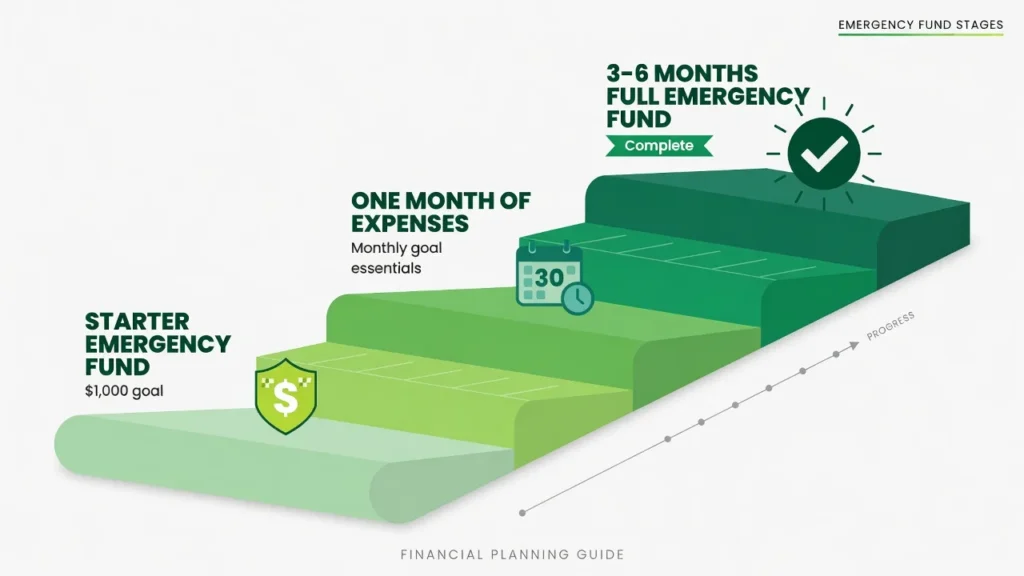 Three-stage staircase diagram showing emergency fund progression from $1,000 starter fund to one month of expenses to three to six months of full savings