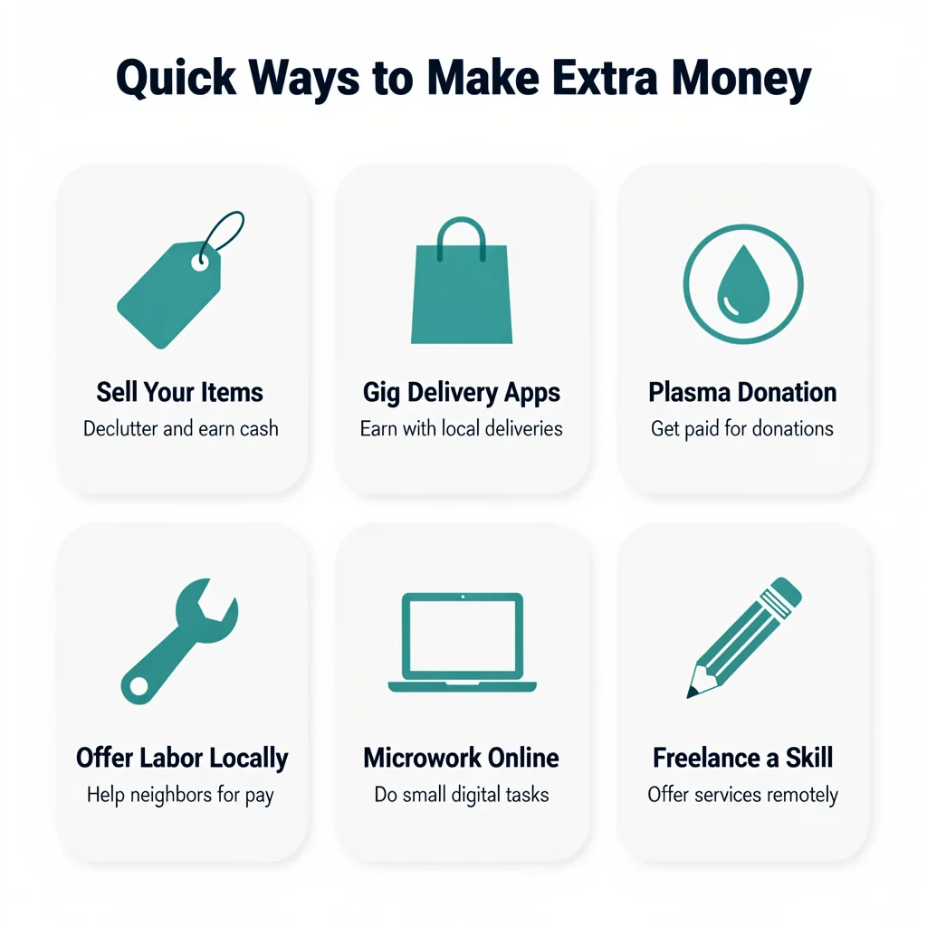 Infographic showing six ways to make money fast with no starting capital including gig work, selling items, plasma donation, and freelancing