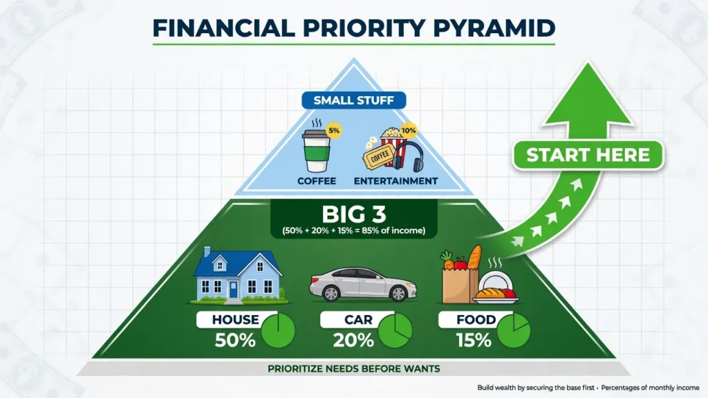 Pyramid showing priority order for cutting expenses on low income focusing on housing transportation and food first