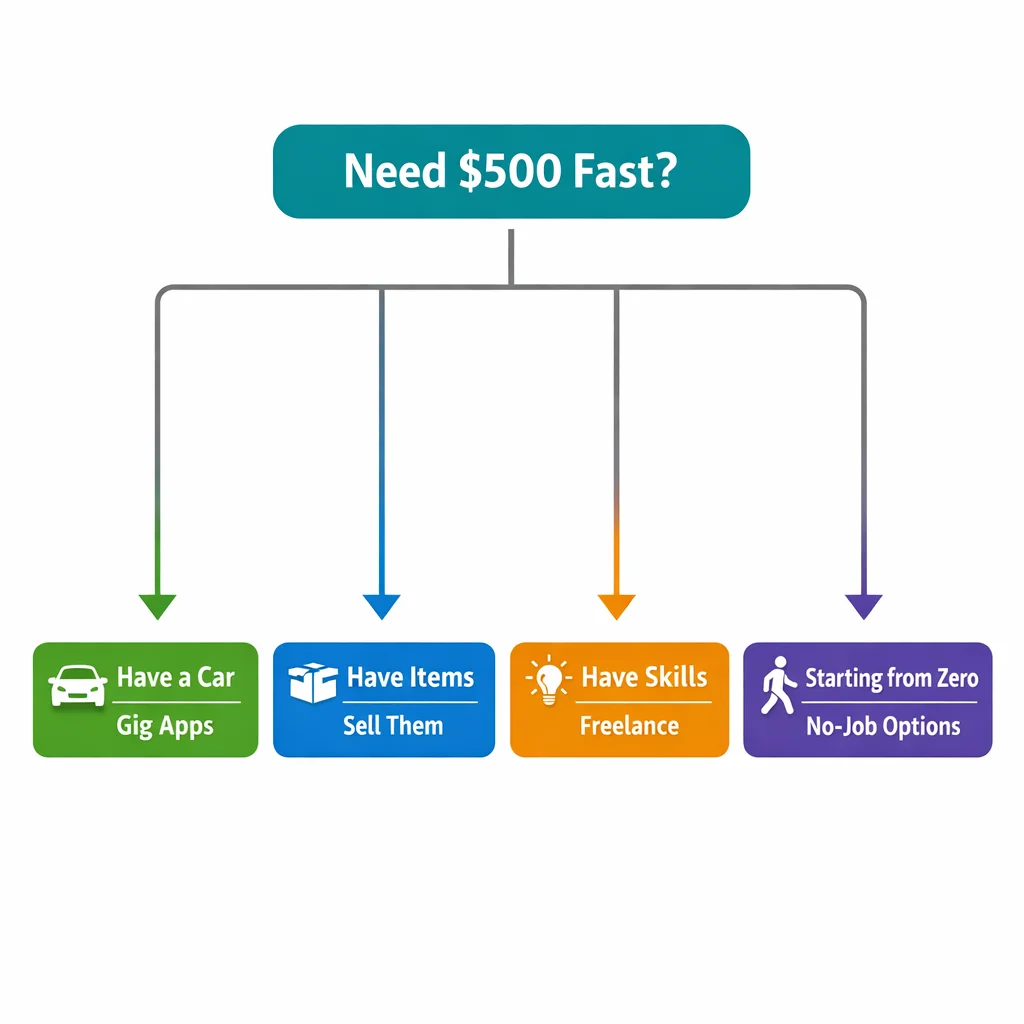 Flowchart showing four paths to earn 500 dollars fast based on available resources including car, items, skills or nothing