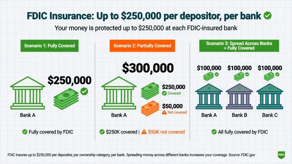 Diagram showing FDIC insurance covers up to $250,000 per depositor per 
bank with examples of covered and not covered scenarios