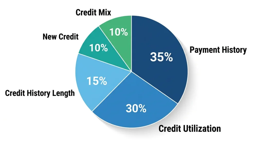 Pie chart showing FICO score factors: payment history 35%, credit utilization 30%, credit history length 15%, new credit 10%, credit mix 10%