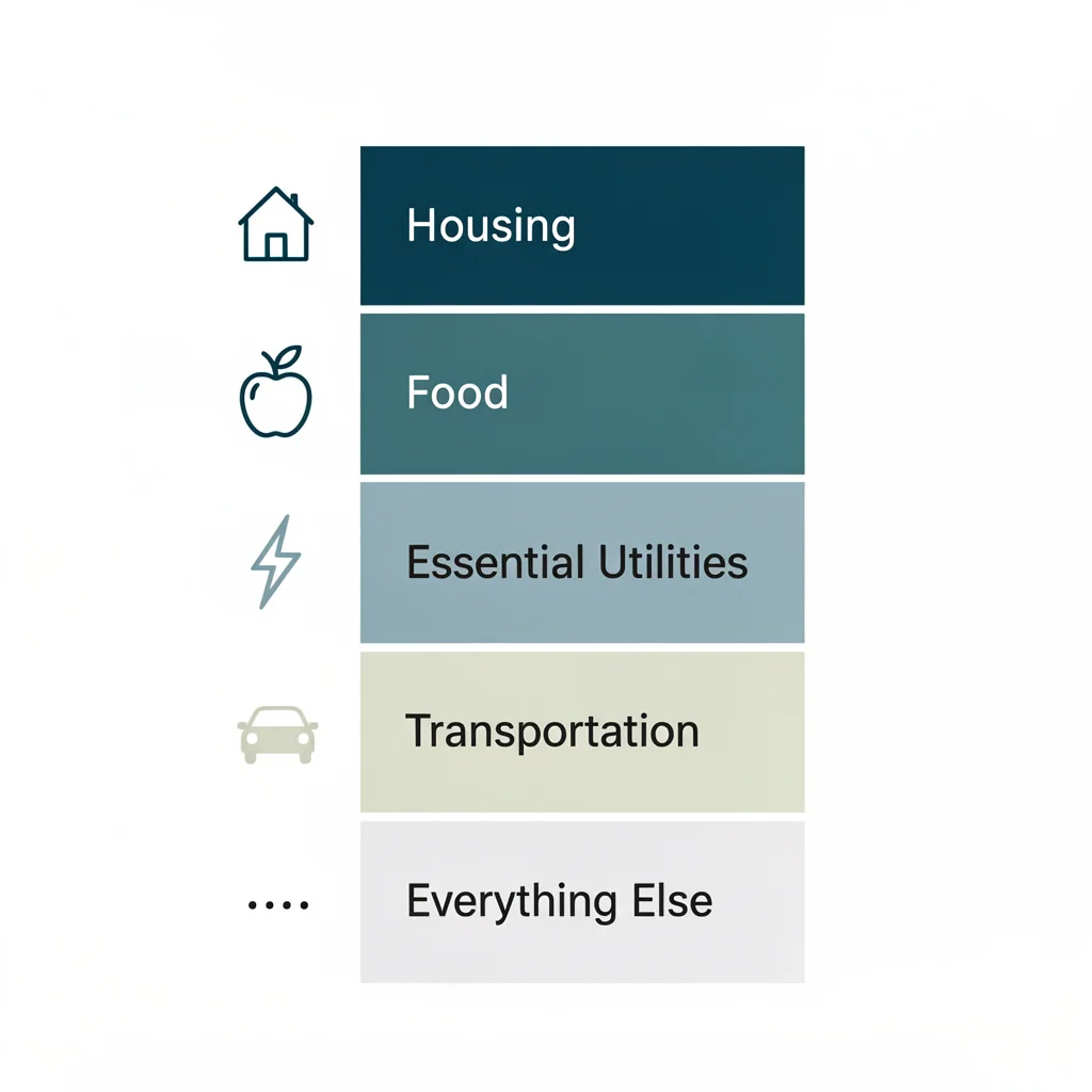 Financial emergency triage diagram showing priority order: housing first, then food, utilities, transportation, and everything else