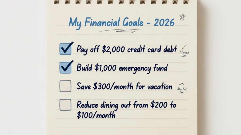 Illustration of a goals list showing example financial objectives including debt payoff, emergency fund building, savings targets, and spending reduction