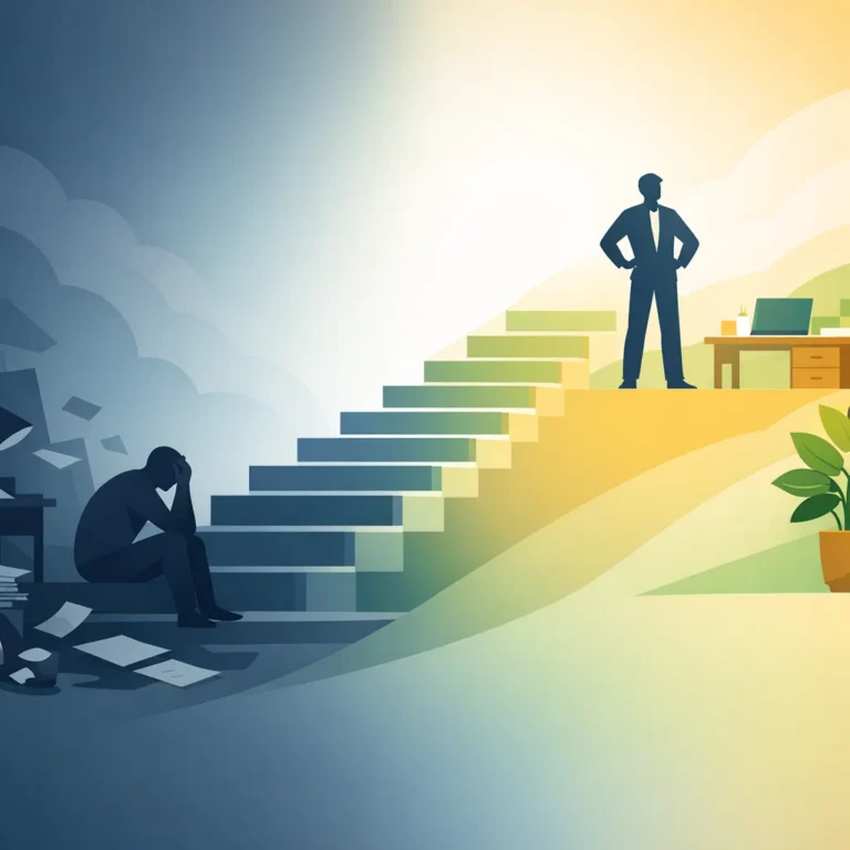 Illustration showing the journey from financial stress to financial stability with ascending path from chaos to organized calm