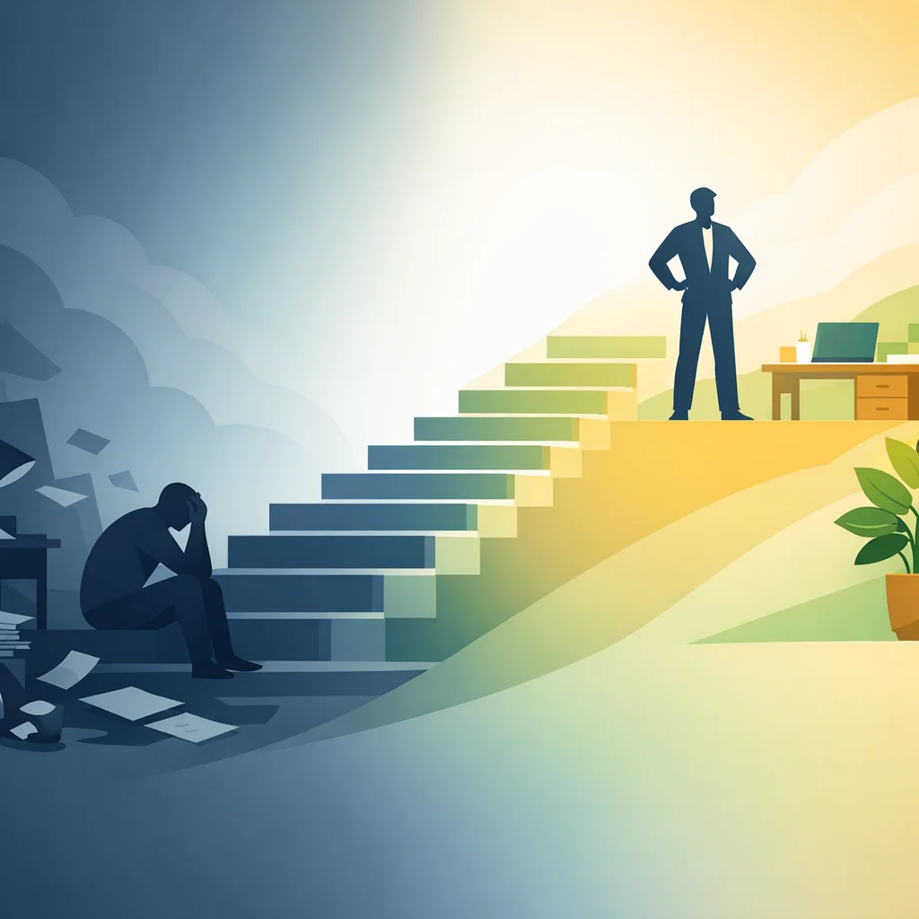 Illustration showing the journey from financial stress to financial stability with ascending path from chaos to organized calm