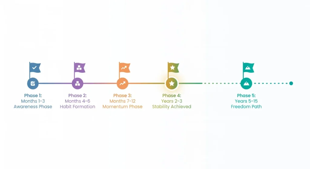 Timeline infographic showing financial stability journey from months 1 through 3 to years 2 through 3 with key milestones for each phase
