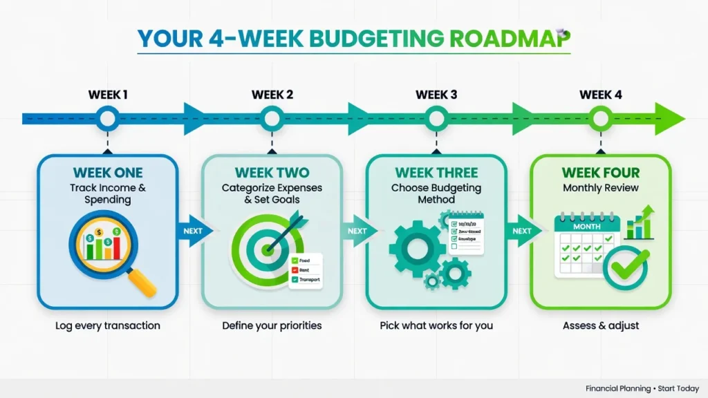 Four-week budget action plan roadmap showing weekly steps from tracking spending to categorizing expenses to choosing a budgeting method to monthly review